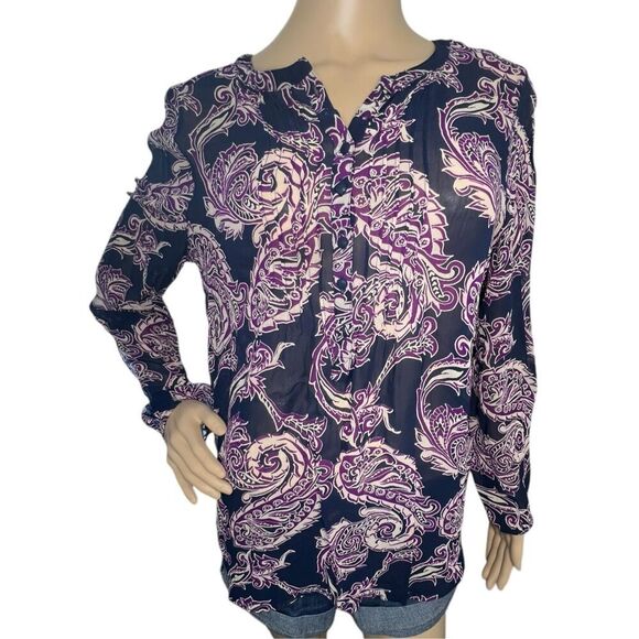 Lucky Brand Sheer Lightweight Long Sleeve Paisley Patterned Blouse - Picture 1 of 5